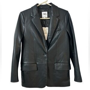 Zara Women’s Black Faux Leather Jacket Lined Coat  One button New W Tag! SIZE XS